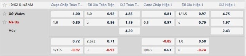 Bảng tỷ lệ kèo trận Xứ Wales vs Na uy